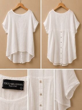 Terzo Millennio White Linen Blend Hi-Low Tunic Top Made in Italy Size Large